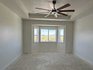 Spare room with a raised ceiling and a ceiling fan