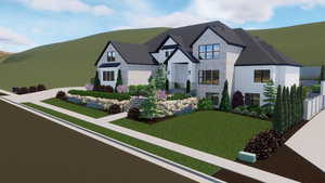 View of front of house with stone siding and a front yard