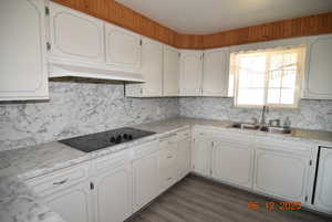 Kitchen featuring black electric cooktop, under cabinet range hood, decorative backsplash, light countertops, and white cabinets