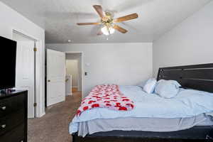 Carpeted bedroom with a textured ceiling and ceiling fan