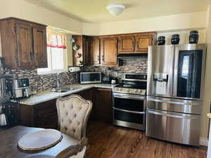 Kitchen featuring appliances with stainless steel finishes, under cabinet range hood, dark wood-style floors, and tasteful backsplash