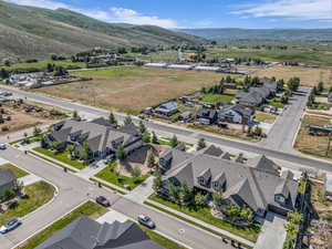 Aerial view of residential area with mountains