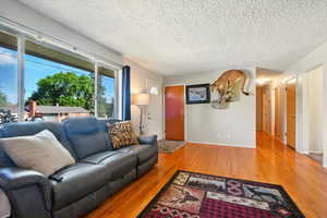 Living room featuring a textured ceiling and wood finished floors