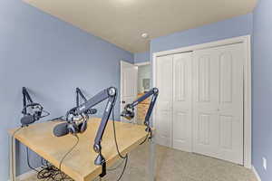 Office area with a textured ceiling and carpet