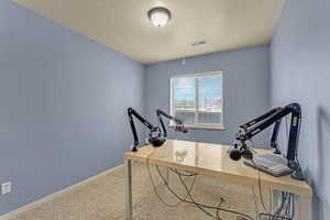 Carpeted home office with baseboards and a textured ceiling