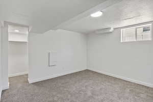 Below grade area with carpet and a textured ceiling