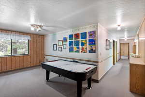 Playroom with a textured ceiling, wood walls, and light colored carpet