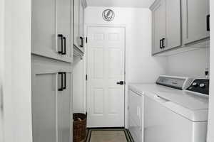 Laundry area with independent washer and dryer and cabinet space