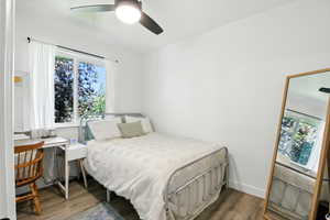 Bedroom with multiple windows and a ceiling fan