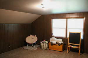 Additional view of bedroom with wooden walls, carpet flooring, and lofted ceiling