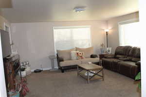 Carpeted living room with baseboards