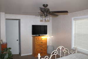 Bedroom with carpet floors,and ceiling fan