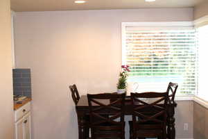 Dining area with mountain views.