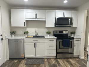 Kitchen with stainless steel appliances, recessed lighting, dark wood-type flooring, and white cabinetry