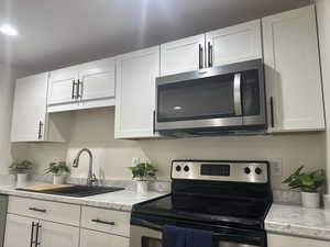 Kitchen with appliances with stainless steel finishes, white cabinets, and recessed lighting