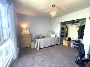 Bedroom with multiple windows, carpet floors, a chandelier, and a closet