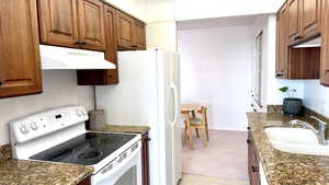 Kitchen with white range with electric stovetop, under cabinet range hood, ornamental molding, brown cabinets, and light colored carpet