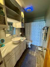 Full bathroom with vanity, wood-style finished floors, and curtained full bath