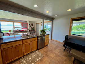 Kitchen with stainless steel dishwasher, plenty of natural light, brown cabinetry, and recessed lighting