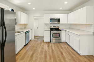 Kitchen with appliances with stainless steel finishes, recessed lighting, backsplash, and white cabinets