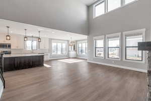 Unfurnished living room featuring wood finished floors, healthy amount of natural light, recessed lighting, and a high ceiling
