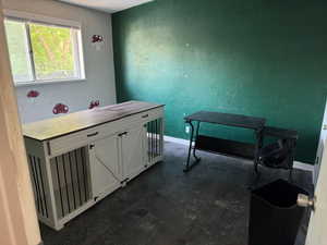 Misc room with dark wood-style flooring and a textured wall