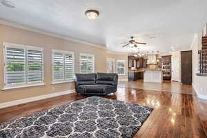 Living area featuring crown molding, dark wood-style floors, and a ceiling fan
