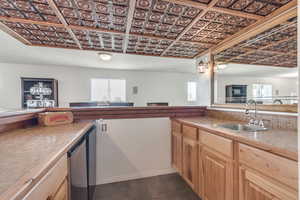 Wet bar with gorgeous custom ceiling and plenty of storage