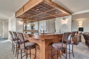 Wet bar with gorgeous custom ceiling and inlayed "trophy" countertops