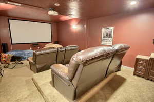 Home theater featuring light colored carpet and recessed lighting