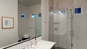 Bathroom with vanity and a shower stall
