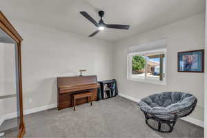 Living area featuring a ceiling fan and carpet