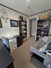 Carpeted office featuring ornamental molding