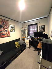 View of carpeted home office