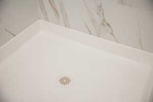 Detailed view of a marble finish shower