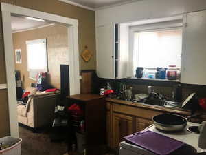 Front House Kitchen featuring crown molding, plenty of natural light, and dark countertops