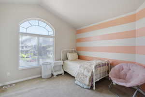 Bedroom with vaulted ceiling and carpet flooring