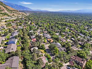 Aerial view of residential area with mountains
