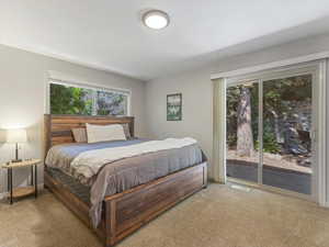 Bedroom with access to exterior and light carpet