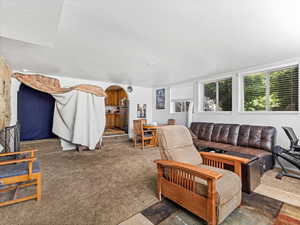Living area featuring arched walkways and carpet flooring