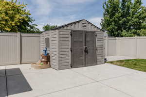View of shed featuring a fenced backyard