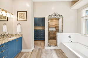 Bathroom with vanity, a bath, and a shower stall