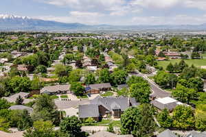 Aerial view of residential area with a mountain backdrop
