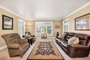 Living room featuring crown molding and baseboards