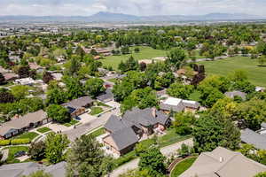 Aerial view of residential area with a mountain backdrop