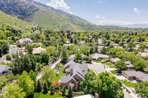 Aerial perspective of suburban area with mountains