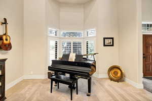 Living area featuring carpet and a high ceiling