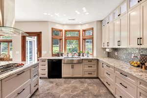 Kitchen featuring dishwasher, island range hood, plenty of natural light, decorative backsplash, and recessed lighting