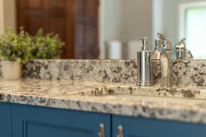 Bathroom view of decorative backsplash