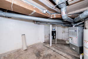 Unfinished basement featuring gas water heater and heating unit